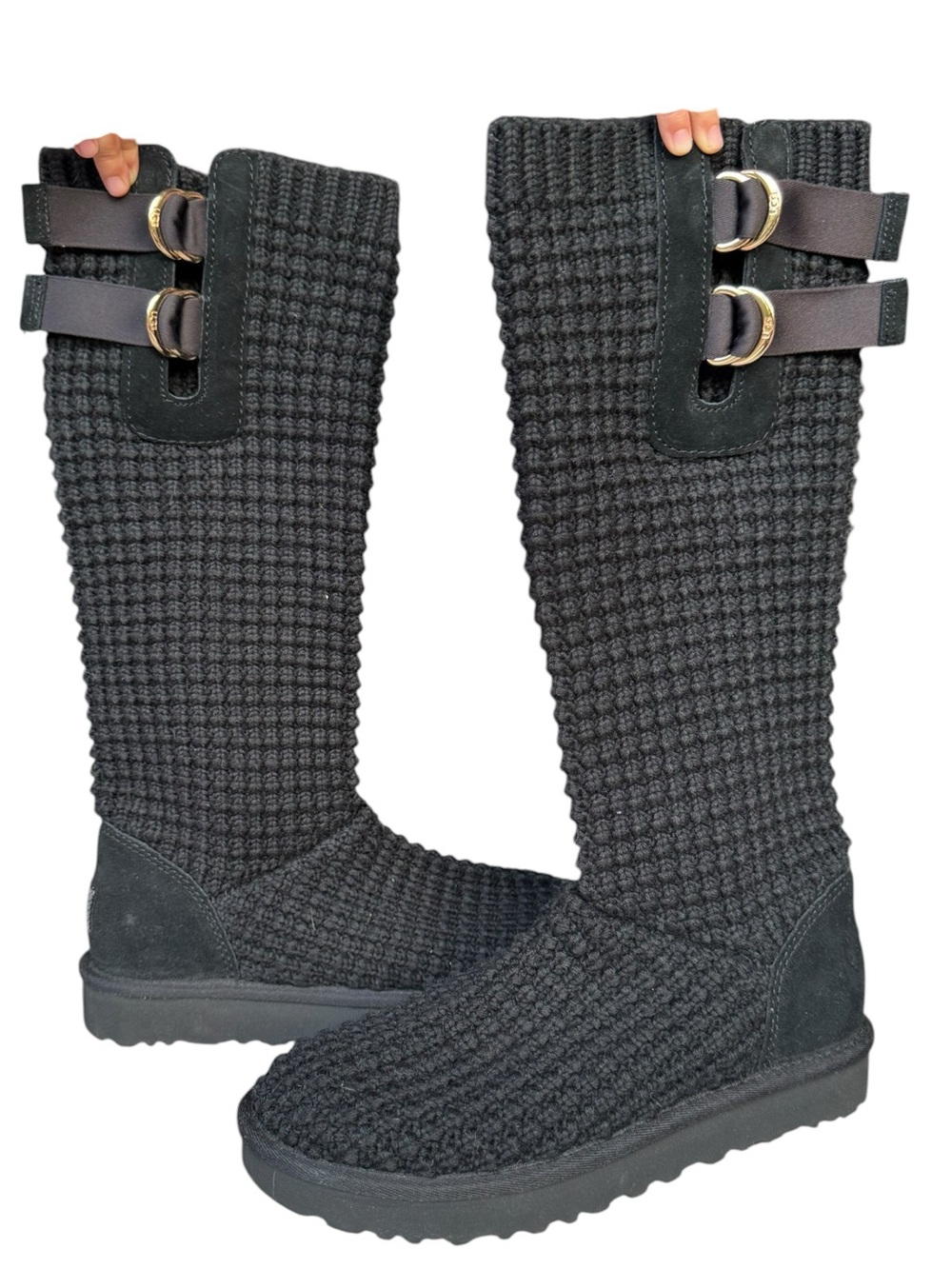 UGG Black Knit Tall Winter Boots with Double Buckles